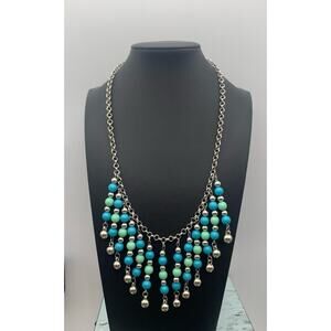 Silver Tone Turquoise And Mint Colored Acrylic 8mm Bead Rolo Chain Necklace